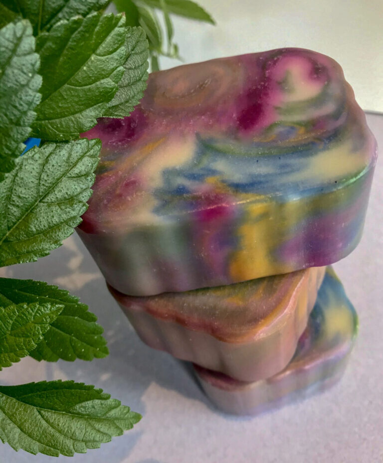 Three colorful bars of soap